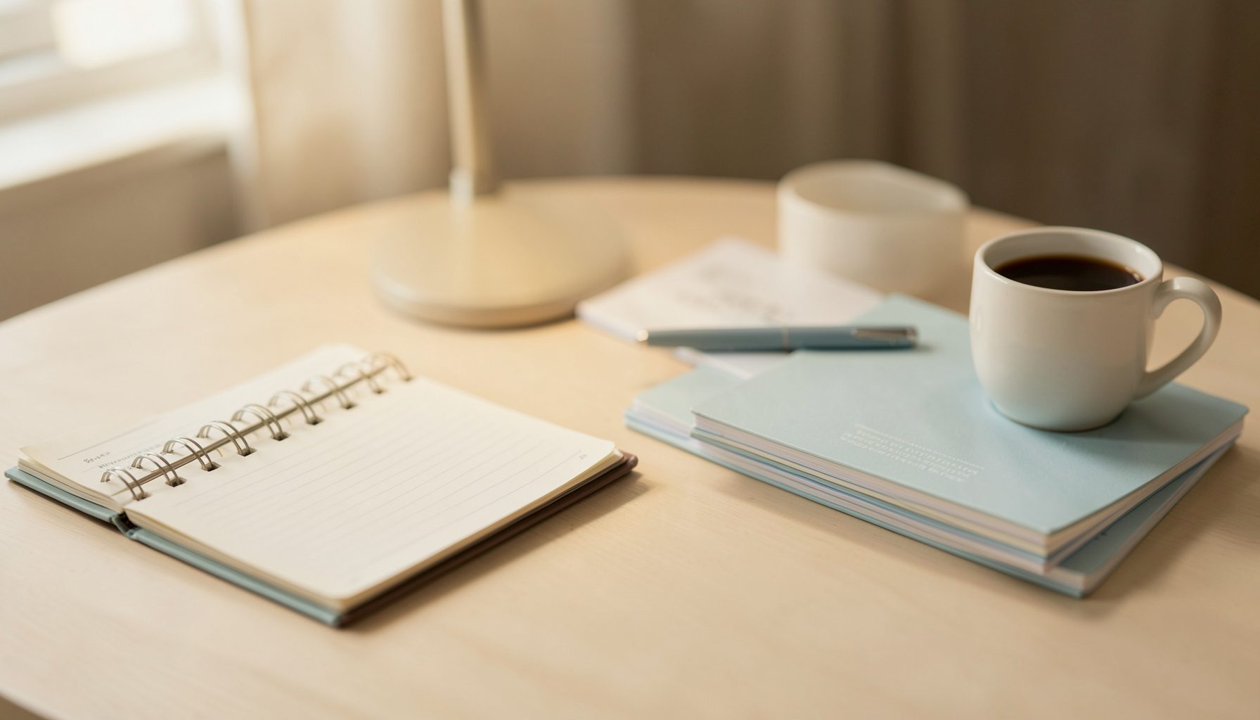 A warm, softly lit desk scene with a notebook, pen, and a coffee mug beside a neatly stacked set of speech therapy materials, in muted creams and gentle blues.