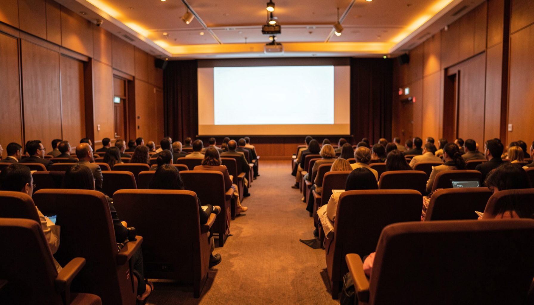 Warm conference hall with soft amber lighting, rows of seats, and a large presentation screen glowing faintly in the background