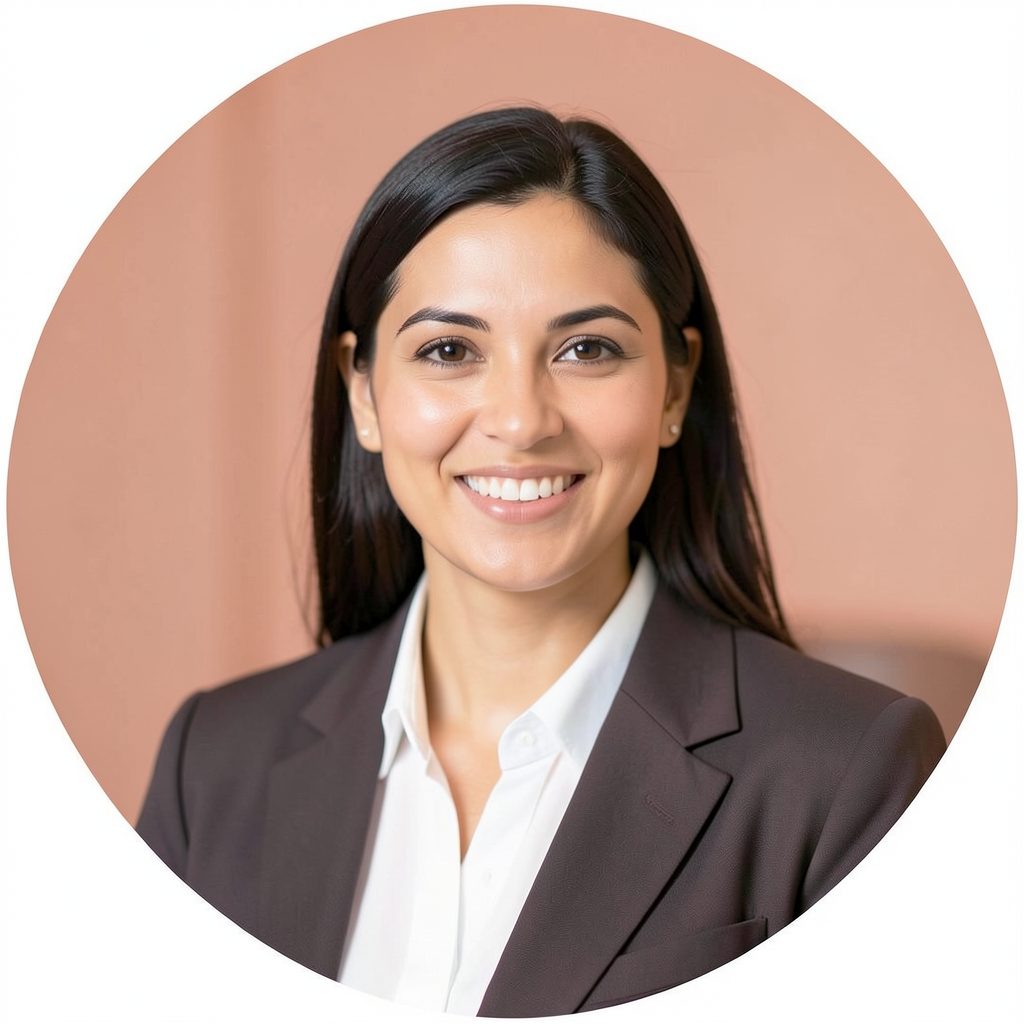 Soft circular portrait placeholder in warm blush tones, suggesting a friendly professional